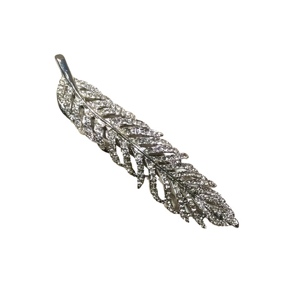 Hair Barrette Clip Silver Tone Rhinestone Feather Elegant Design Heavy Duty... - Picture 1 of 8